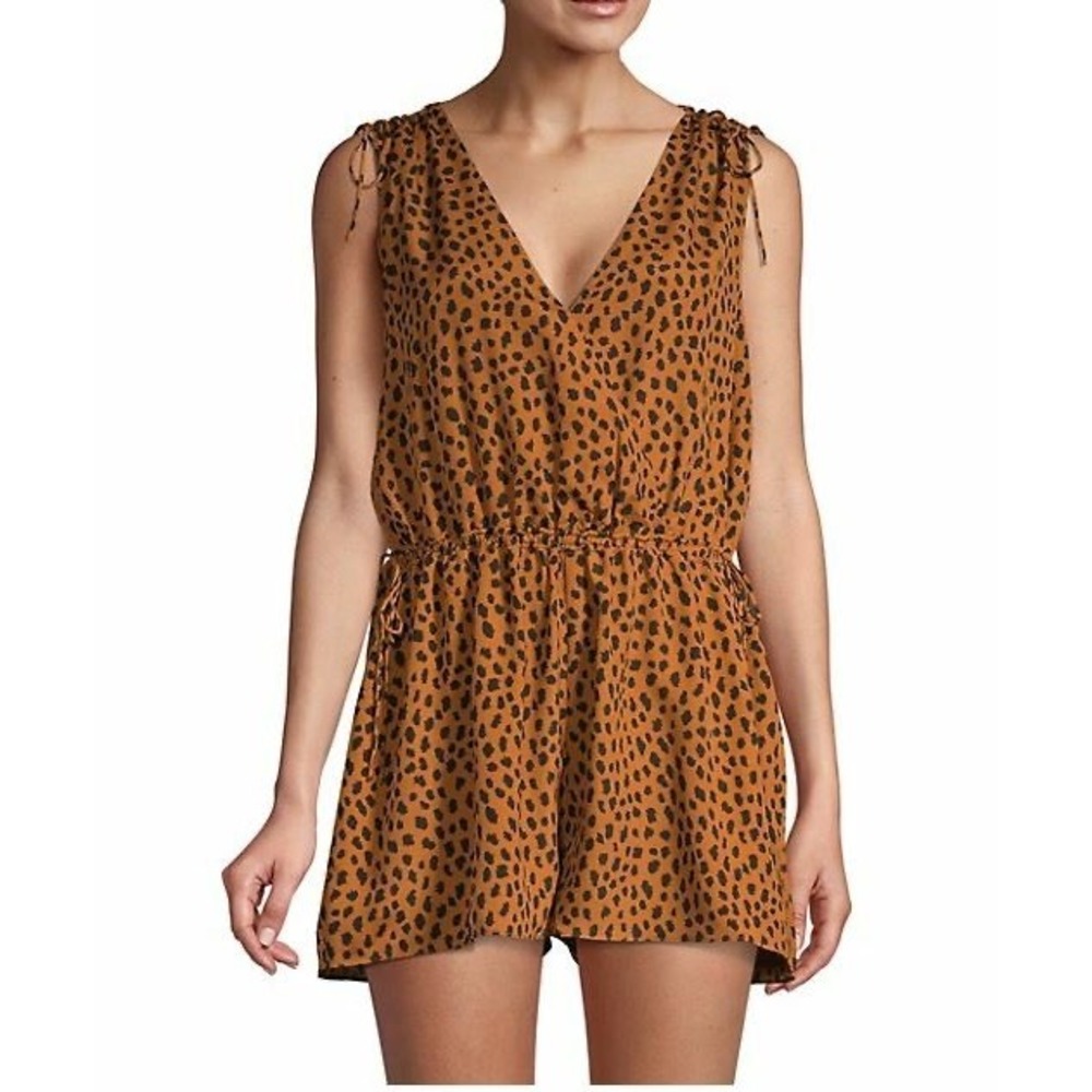 Joie Women Ochre Leopard Print Sleeveless Romper V-Neck Drawstring Waist Small
